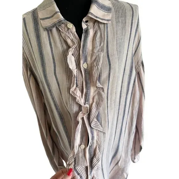 Free People - Ruffle Front Shirt - Extra Large (pink/denim stripe color) - Picture 6 of 15